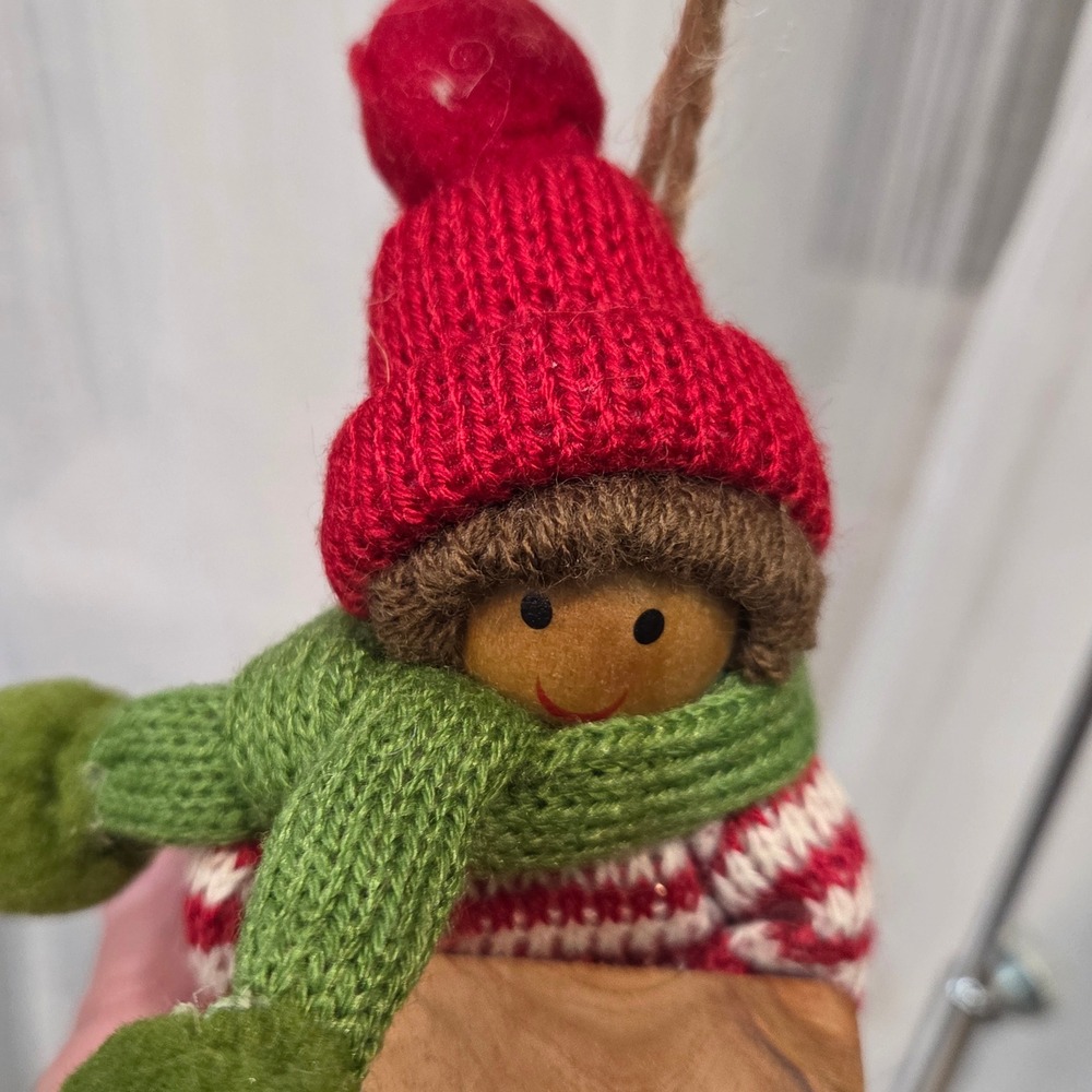 Rustic Christmas Ornament Knit Doll on Wooden Sled Red Green Winter Decor